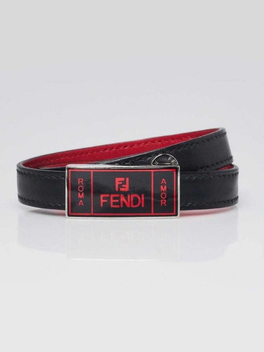 Fendi Black Leather FF Logo Wrap Around Bracelet